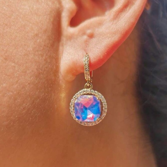 Glam Purple Milky Opalite, Round Cubic Zirconia Iridescent Gold tone Earrings - Picture 2 of 10